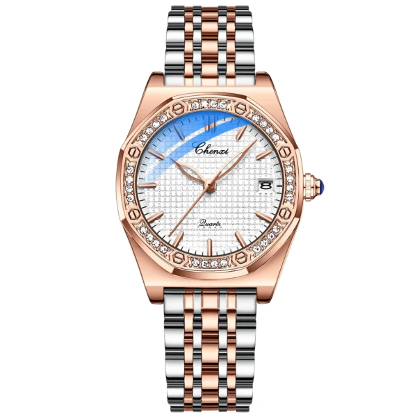 CHENXI Quartz Movement Woman Watch Simple Elegant Luxury Rose Gold Steel and Leather Strap Waterproof Ladies Dress Wristwatch 9