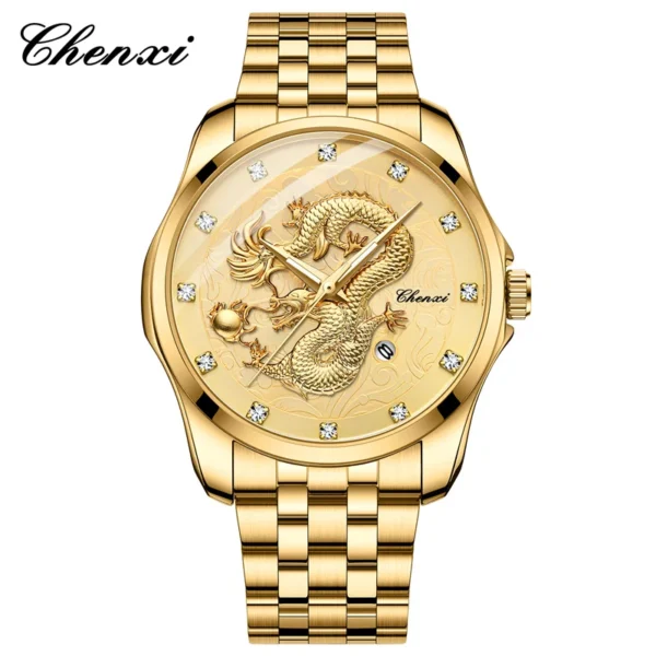 Chenxi 8220 Luxury Factory Young Calendar Waterproof Men's Chinese Style 3D Golden Dragon Totem Embossed Quartz Wrist Watch 7