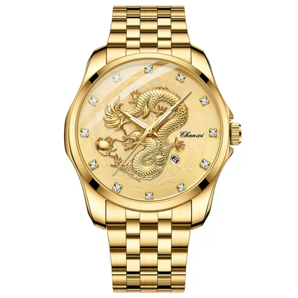 Chenxi 8220 Luxury Factory Young Calendar Waterproof Men's Chinese Style 3D Golden Dragon Totem Embossed Quartz Wrist Watch 7