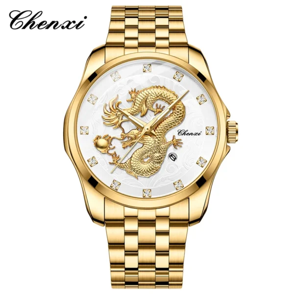 Chenxi 8220 Luxury Factory Young Calendar Waterproof Men's Chinese Style 3D Golden Dragon Totem Embossed Quartz Wrist Watch 2