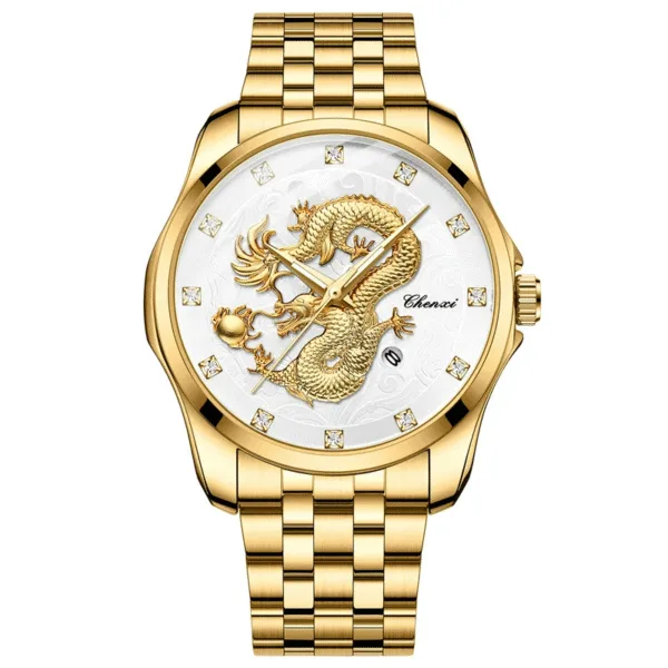 Chenxi 8220 Luxury Factory Young Calendar Waterproof Men's Chinese Style 3D Golden Dragon Totem Embossed Quartz Wrist Watch 2