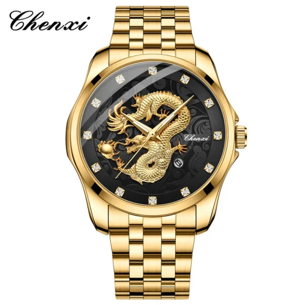 Chenxi 8220 Luxury Factory Young Calendar Waterproof Men's Chinese Style 3D Golden Dragon Totem Embossed Quartz Wrist Watch 9