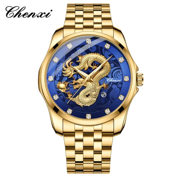 Chenxi 8220 Luxury Factory Young Calendar Waterproof Men's Chinese Style 3D Golden Dragon Totem Embossed Quartz Wrist Watch 8