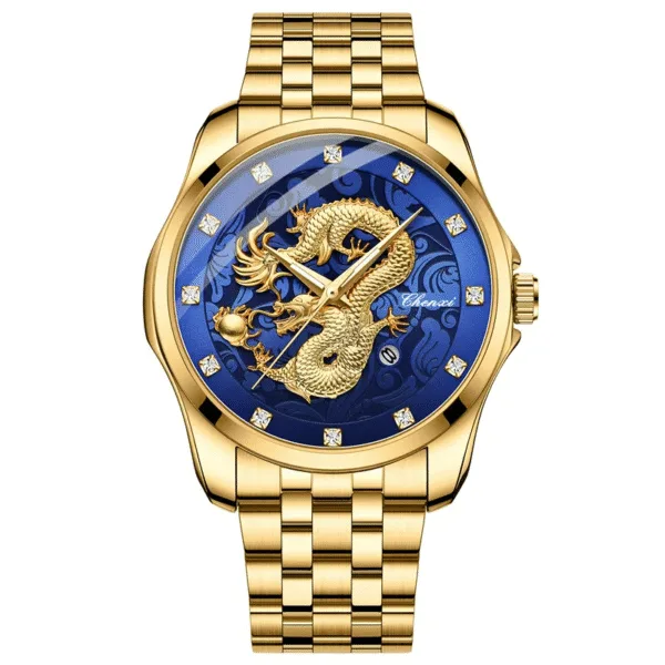 Chenxi 8220 Luxury Factory Young Calendar Waterproof Men's Chinese Style 3D Golden Dragon Totem Embossed Quartz Wrist Watch 8