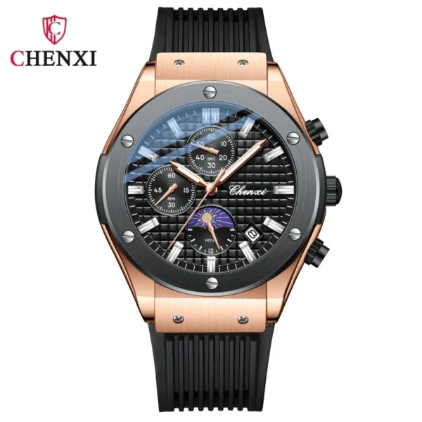 CHENXI 944 Men's Quartz Watch Multifunction Luminous Silicone Strap Waterproof Calendar Moon Phase Men Casual Wristwatch 8