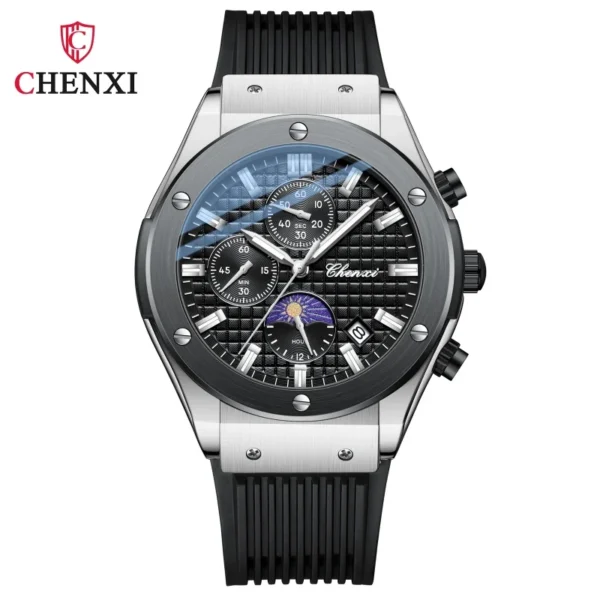 CHENXI 944 Men's Quartz Watch Multifunction Luminous Silicone Strap Waterproof Calendar Moon Phase Men Casual Wristwatch 9