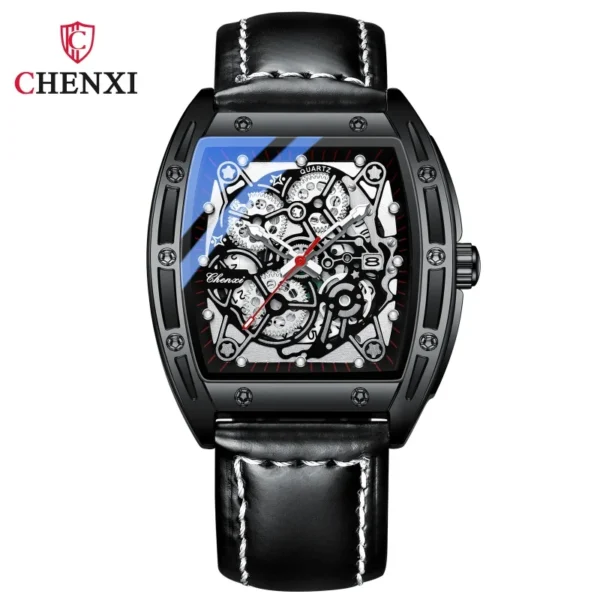 CHENXI 8265 Men's Quartz Watch Calendar Tonneau Dial Luminous Waterproof Black Leather Strap Casual Men Watches reloj hombre 7