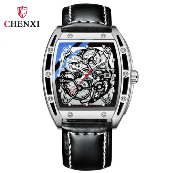 CHENXI 8265 Men's Quartz Watch Calendar Tonneau Dial Luminous Waterproof Black Leather Strap Casual Men Watches reloj hombre 8