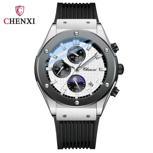 CHENXI 944 Men's Quartz Watch Multifunction Luminous Silicone Strap Waterproof Calendar Moon Phase Men Casual Wristwatch 7