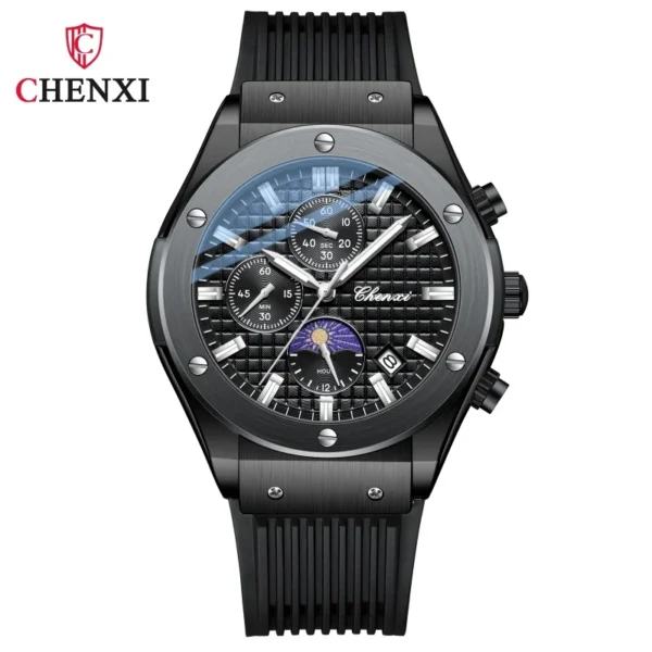 CHENXI 944 Men's Quartz Watch Multifunction Luminous Silicone Strap Waterproof Calendar Moon Phase Men Casual Wristwatch 10