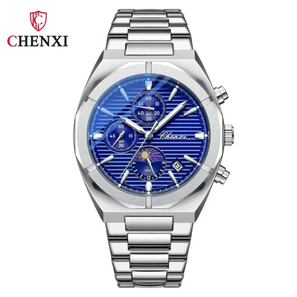CHENXI 962 Morninglight Multifunctional Men's Moon Phase Date Timing Waterproof Black Steel Band Quartz Watch Wristwatch Mens 9