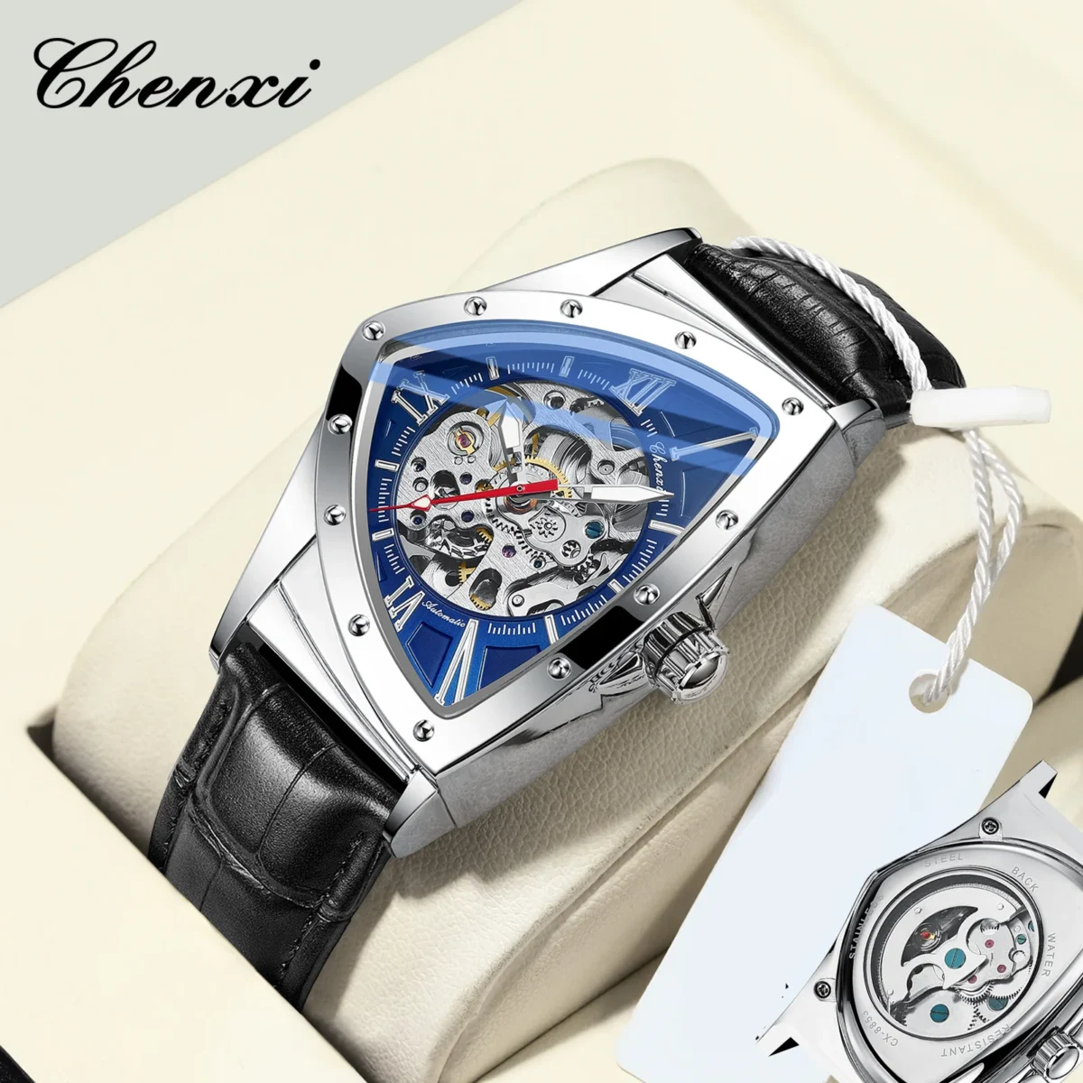 Luxury Triangle Dial Men's Skeleton Watch - Leather & Automatic 4
