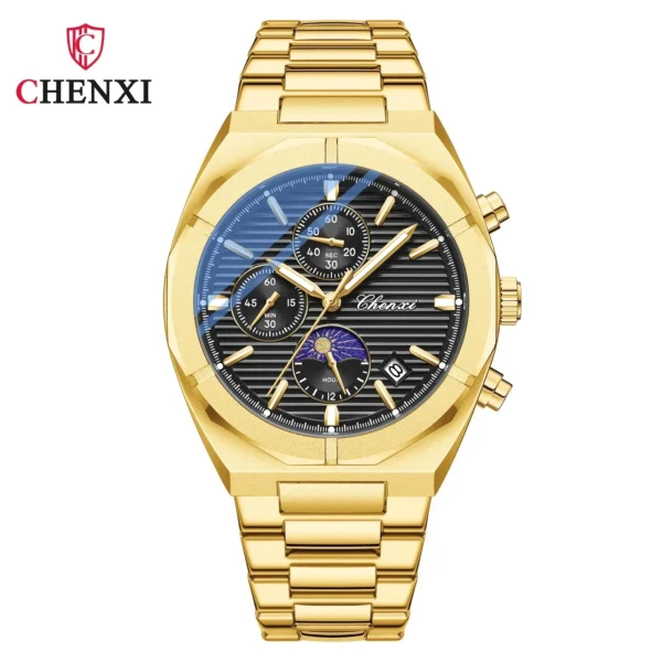 CHENXI 962 Morninglight Multifunctional Men's Moon Phase Date Timing Waterproof Black Steel Band Quartz Watch Wristwatch Mens 16