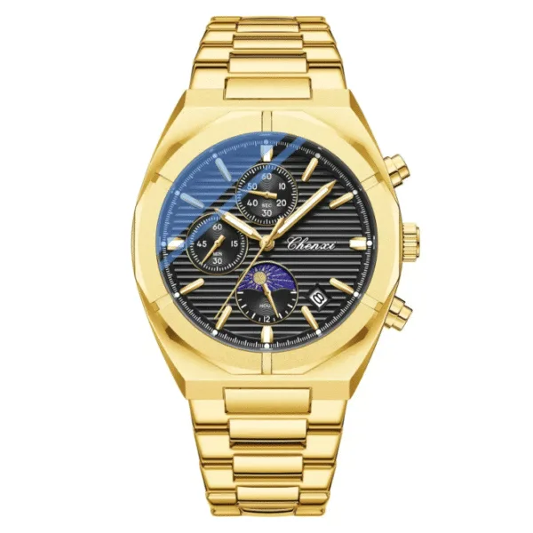 CHENXI 962 Morninglight Multifunctional Men's Moon Phase Date Timing Waterproof Black Steel Band Quartz Watch Wristwatch Mens 16