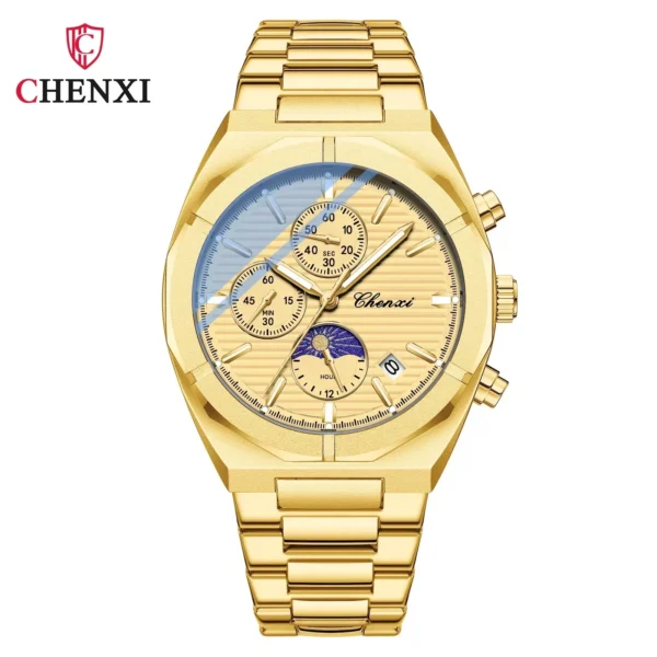 CHENXI 962 Morninglight Multifunctional Men's Moon Phase Date Timing Waterproof Black Steel Band Quartz Watch Wristwatch Mens 15