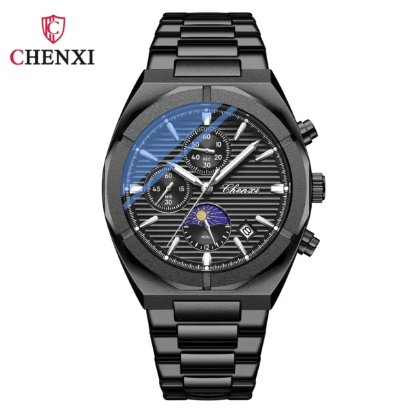 CHENXI 962 Morninglight Multifunctional Men's Moon Phase Date Timing Waterproof Black Steel Band Quartz Watch Wristwatch Mens 1