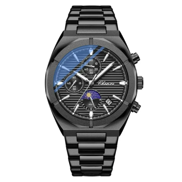CHENXI 962 Morninglight Multifunctional Men's Moon Phase Date Timing Waterproof Black Steel Band Quartz Watch Wristwatch Mens 1