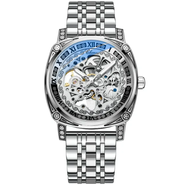 CHENXI 8825 Top Brand Transparent Fashion Case New Casual Design Leather Steel Mens Watches Luxury Mechanical Skeleton Watch 9