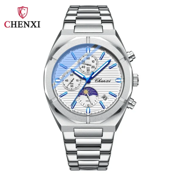 CHENXI 962 Morninglight Multifunctional Men's Moon Phase Date Timing Waterproof Black Steel Band Quartz Watch Wristwatch Mens 10