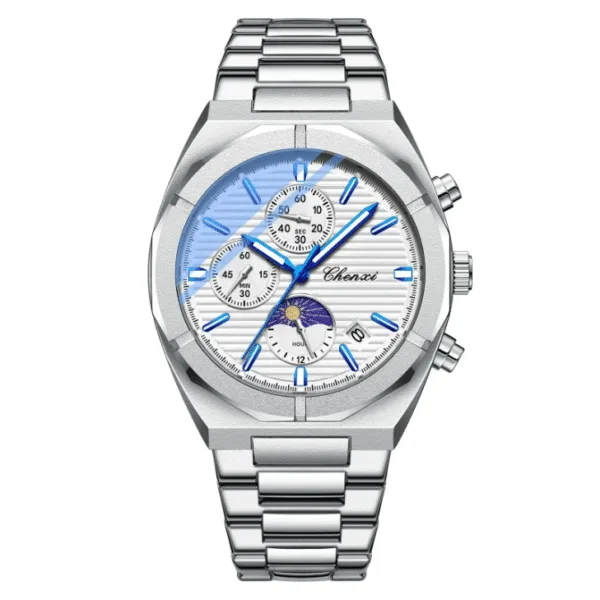 CHENXI 962 Morninglight Multifunctional Men's Moon Phase Date Timing Waterproof Black Steel Band Quartz Watch Wristwatch Mens 10