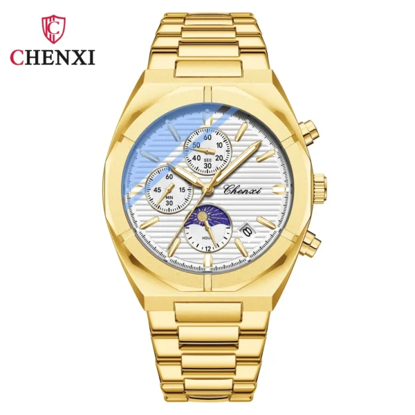 CHENXI 962 Morninglight Multifunctional Men's Moon Phase Date Timing Waterproof Black Steel Band Quartz Watch Wristwatch Mens 17