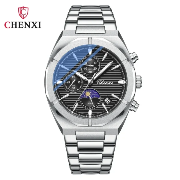CHENXI 962 Morninglight Multifunctional Men's Moon Phase Date Timing Waterproof Black Steel Band Quartz Watch Wristwatch Mens 7
