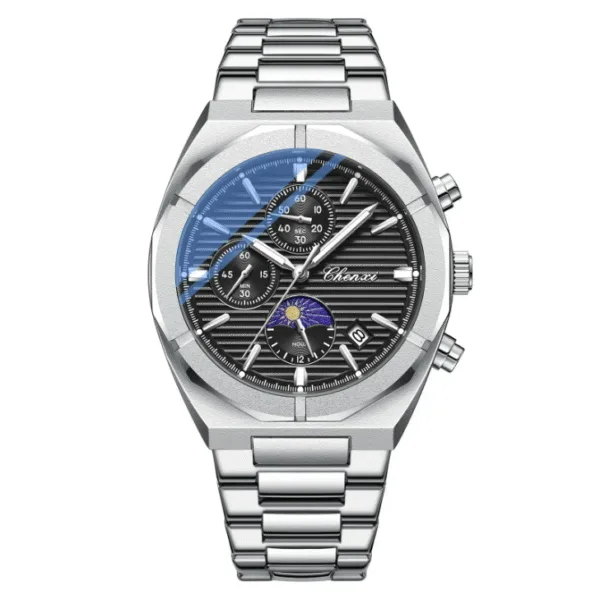 CHENXI 962 Morninglight Multifunctional Men's Moon Phase Date Timing Waterproof Black Steel Band Quartz Watch Wristwatch Mens 7
